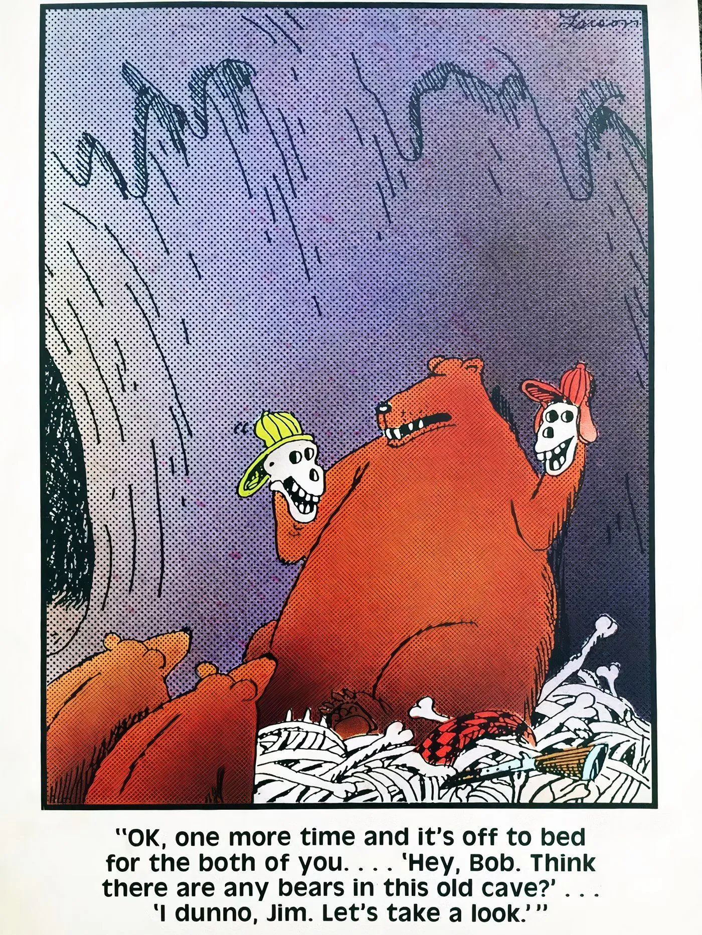 A bear using human skulls as puppets in The Far Side. A bear using human skulls as puppets in The Far Side.