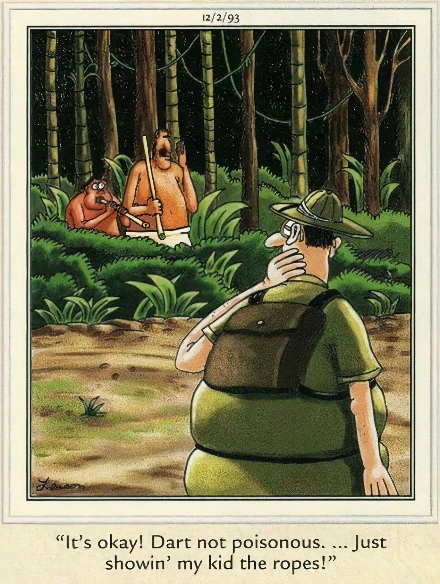 An explorer getting shot in the neck with a dart in The Far Side. An explorer getting shot in the neck with a dart in The Far Side.