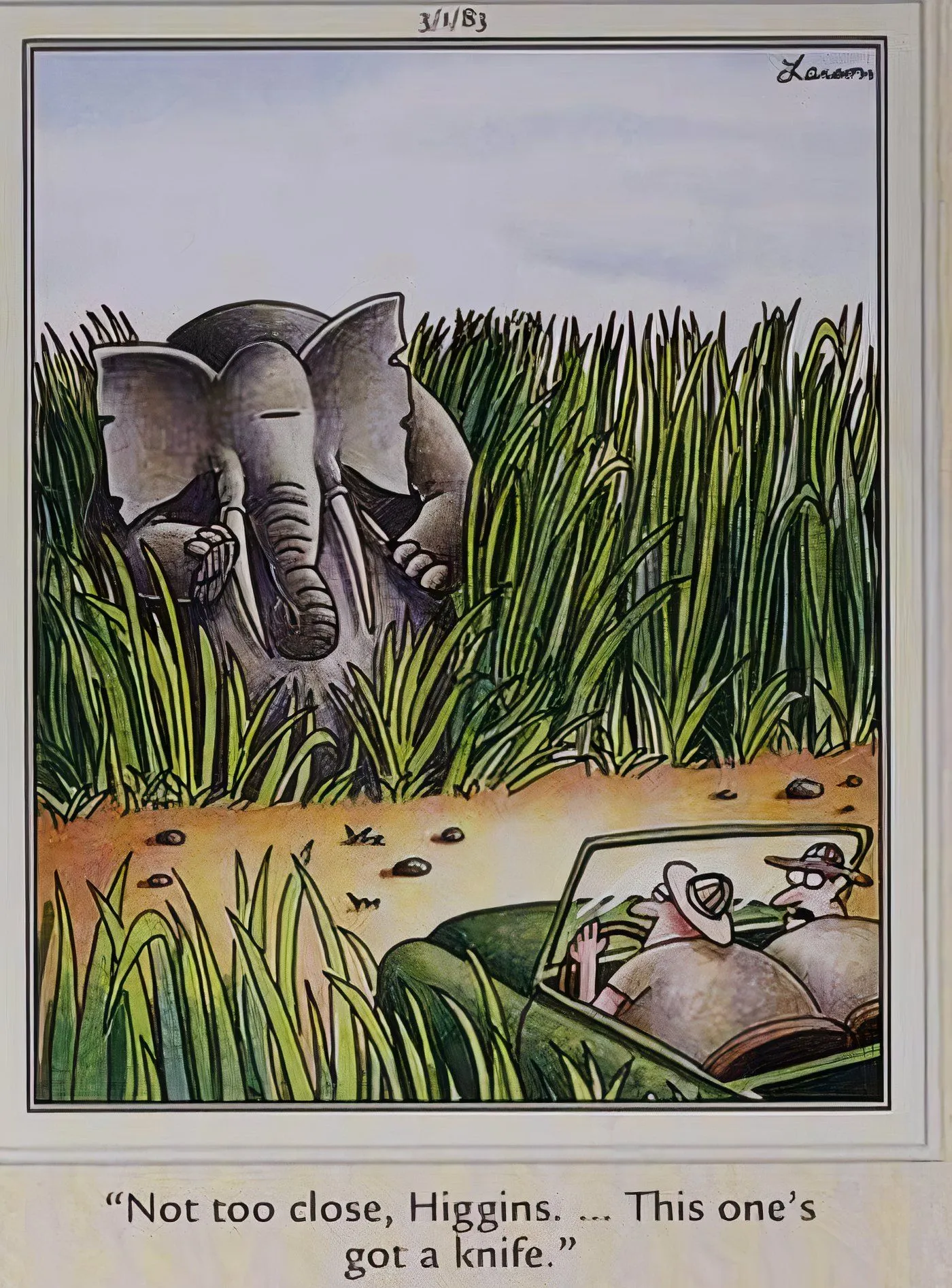 An elephant threatening to kill two explorers with a knife in The Far Side. An elephant threatening to kill two explorers with a knife in The Far Side.