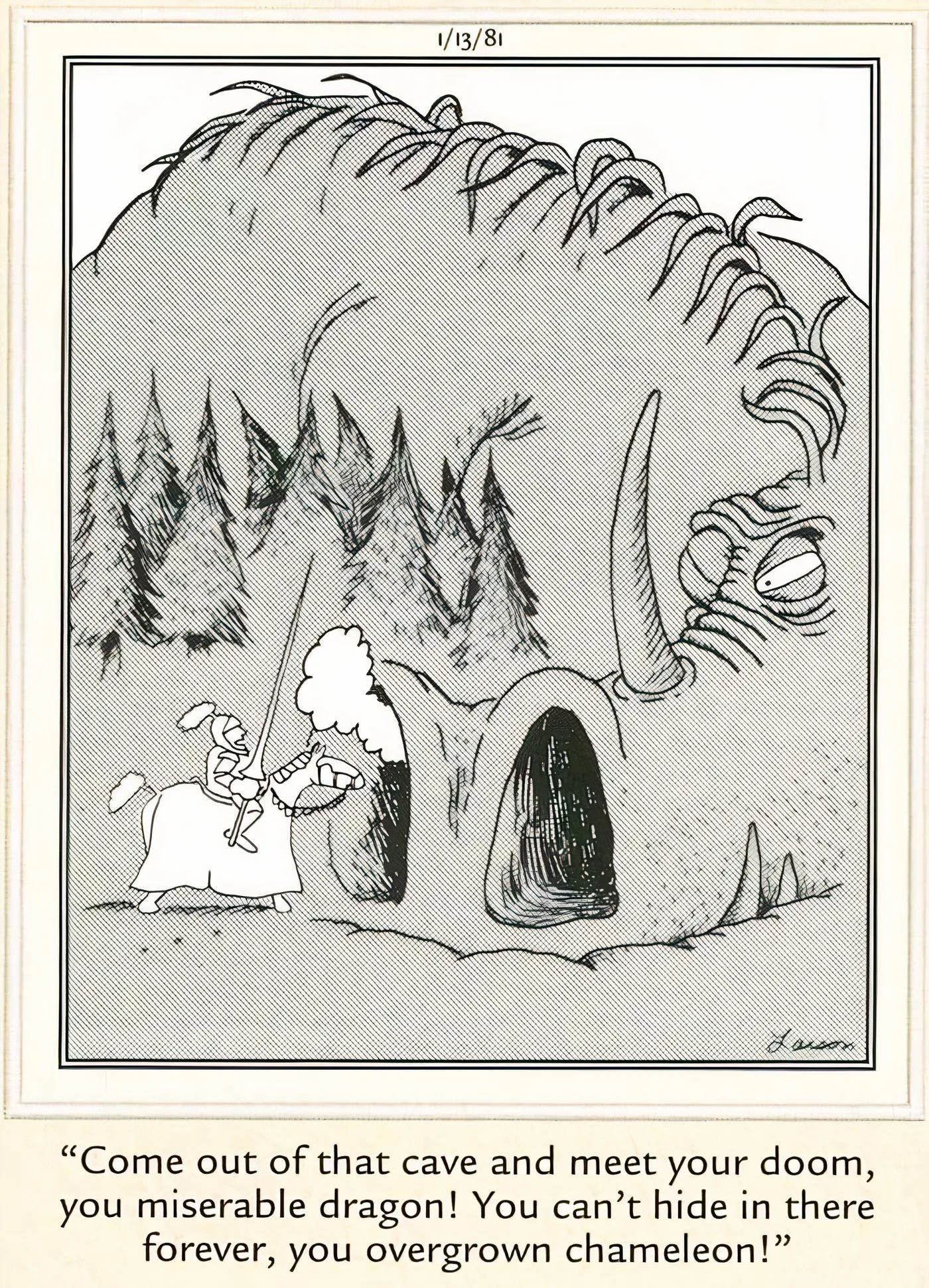 A knight facing a dragon in The Far Side. A knight facing a dragon in The Far Side.