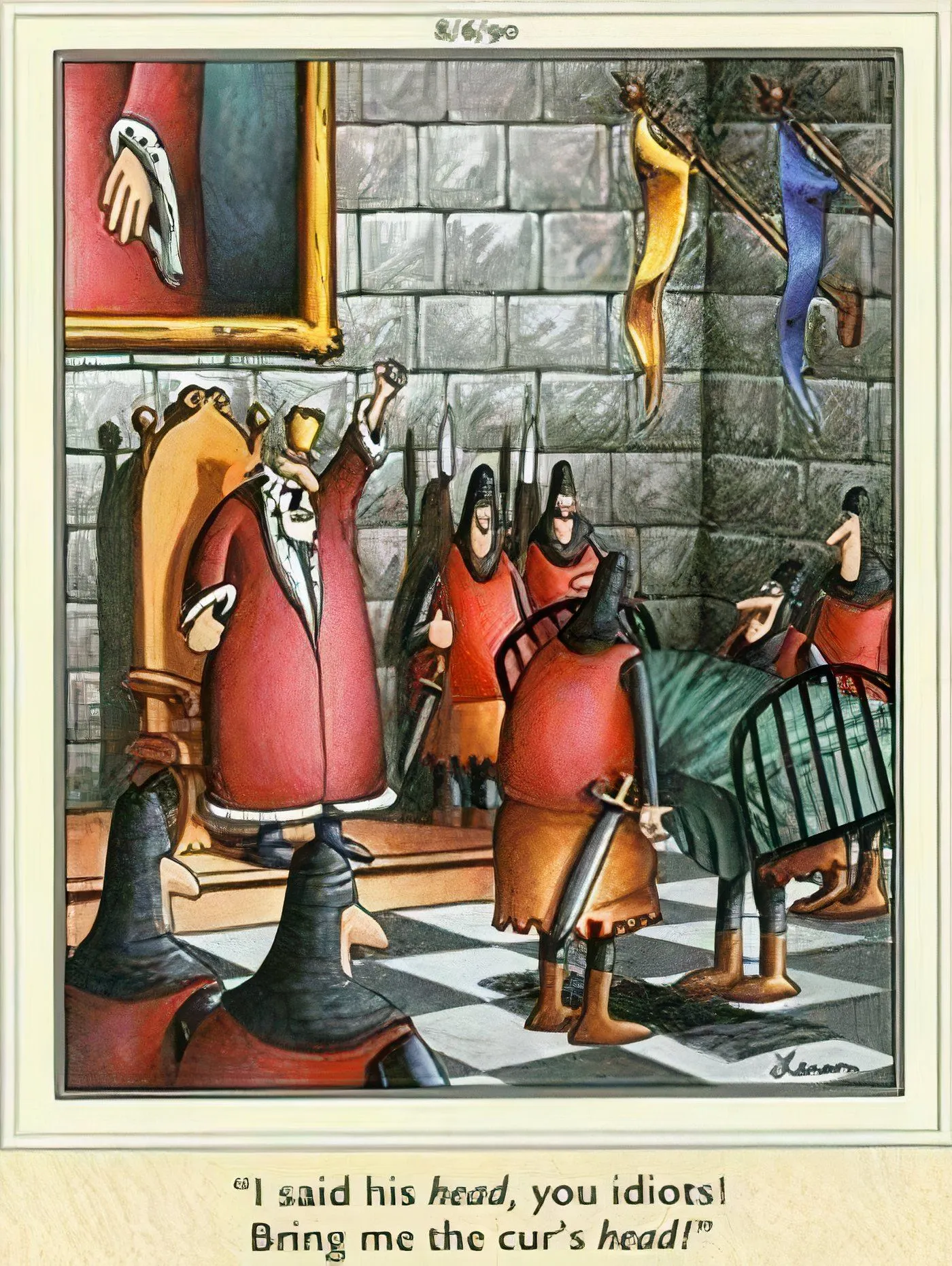 Frustrated king yelling at knights in The Far Side. Frustrated king yelling at knights in The Far Side.