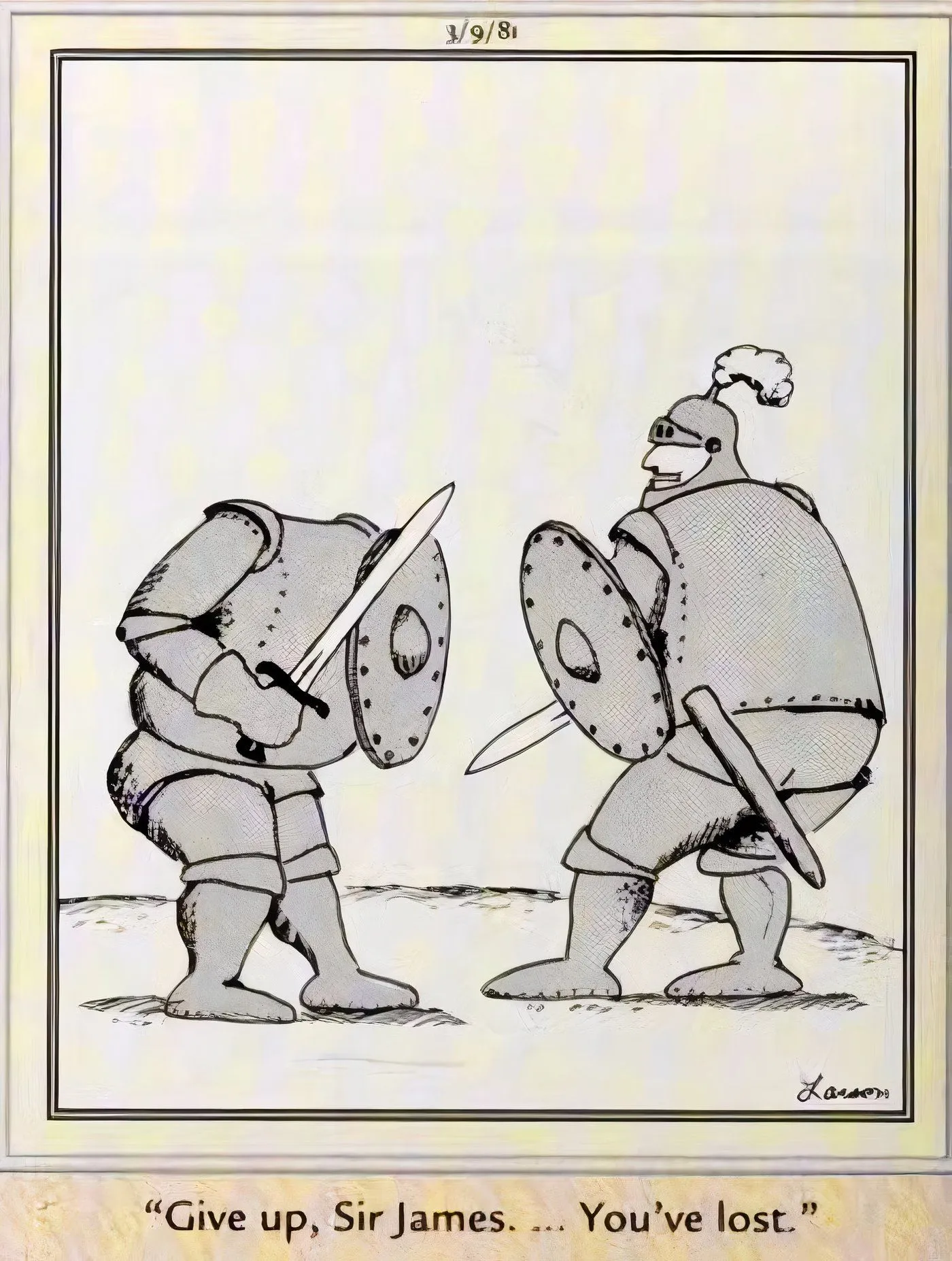 Fighting knights in The Far Side with one knight missing a head. Fighting knights in The Far Side with one knight missing a head.