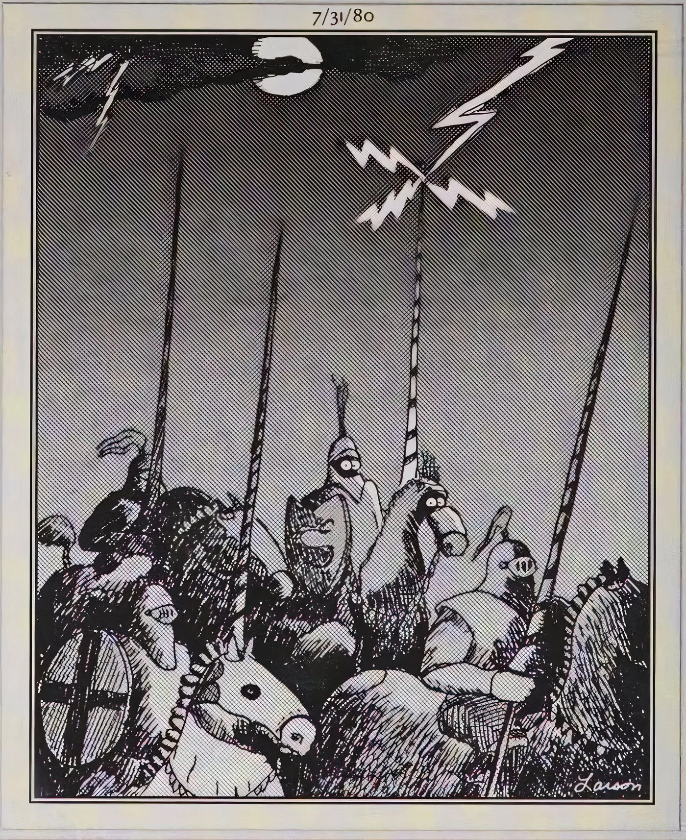 A knight struck by lightning in The Far Side. A knight struck by lightning in The Far Side.