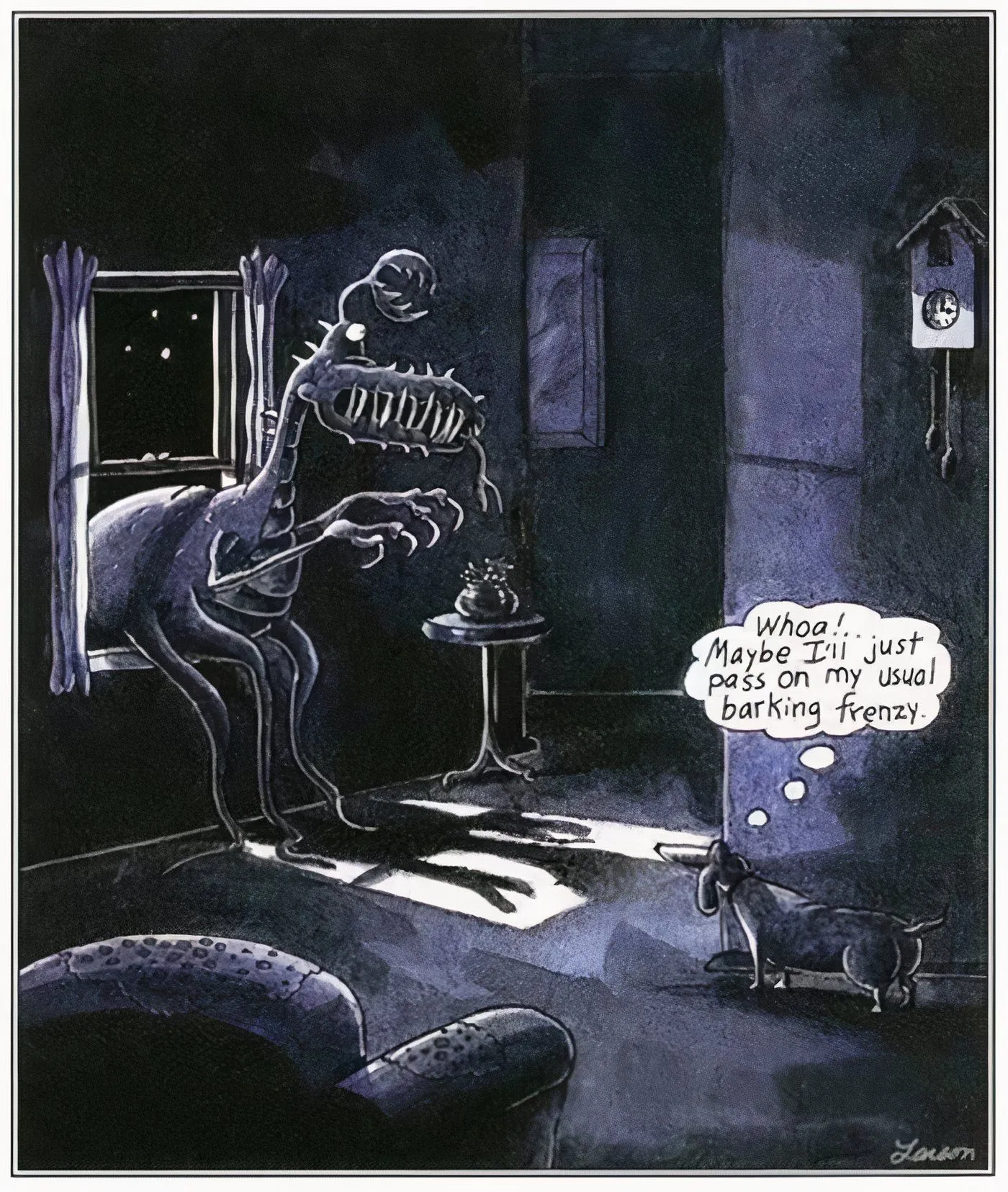 A scary creature breaking into a house in The Far Side. A scary creature breaking into a house in The Far Side.