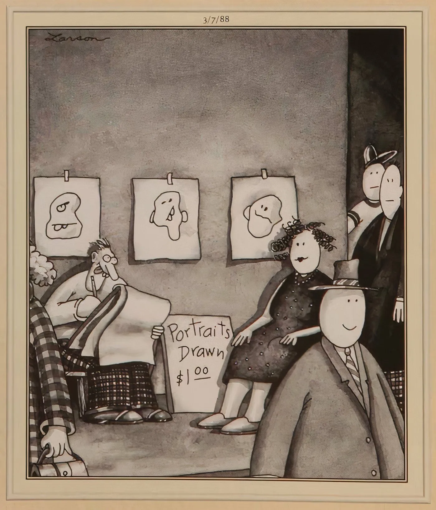 People in The Far Side with overly-simple facial features that come off as creepy. People in The Far Side with overly-simple facial features that come off as creepy.