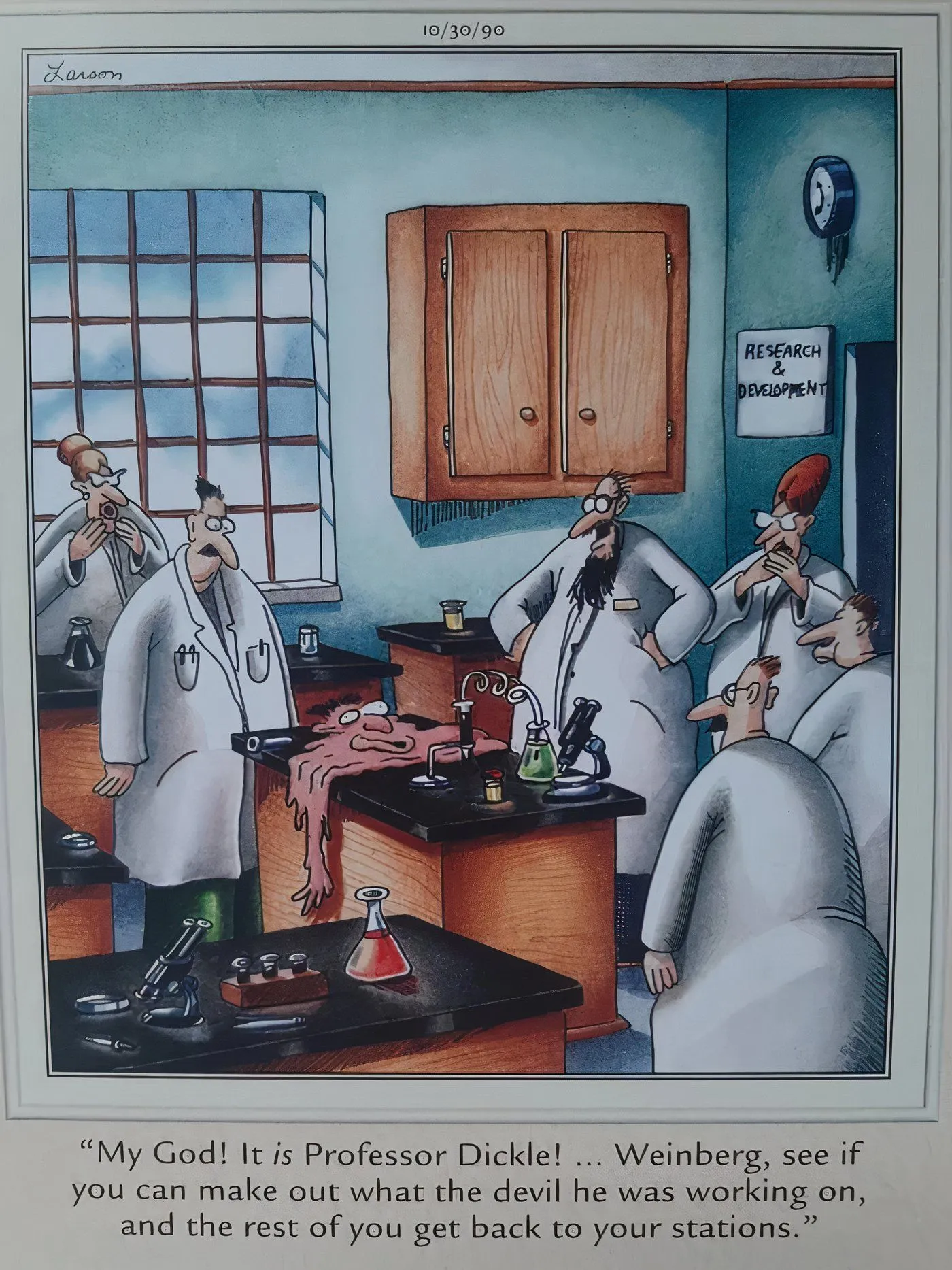 Scientists gathered in their lab in The Far Side. Scientists gathered in their lab in The Far Side.