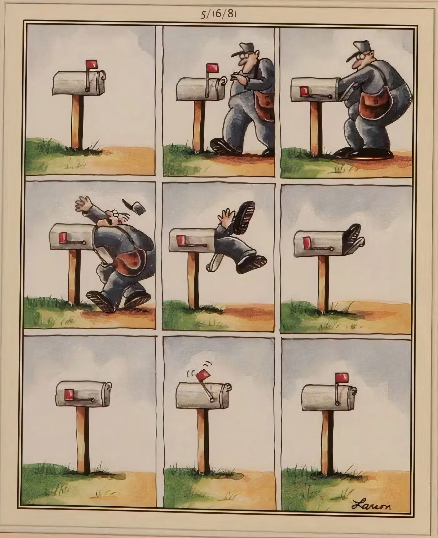 A mailman getting eaten by a mailbox in The Far Side. A mailman getting eaten by a mailbox in The Far Side.
