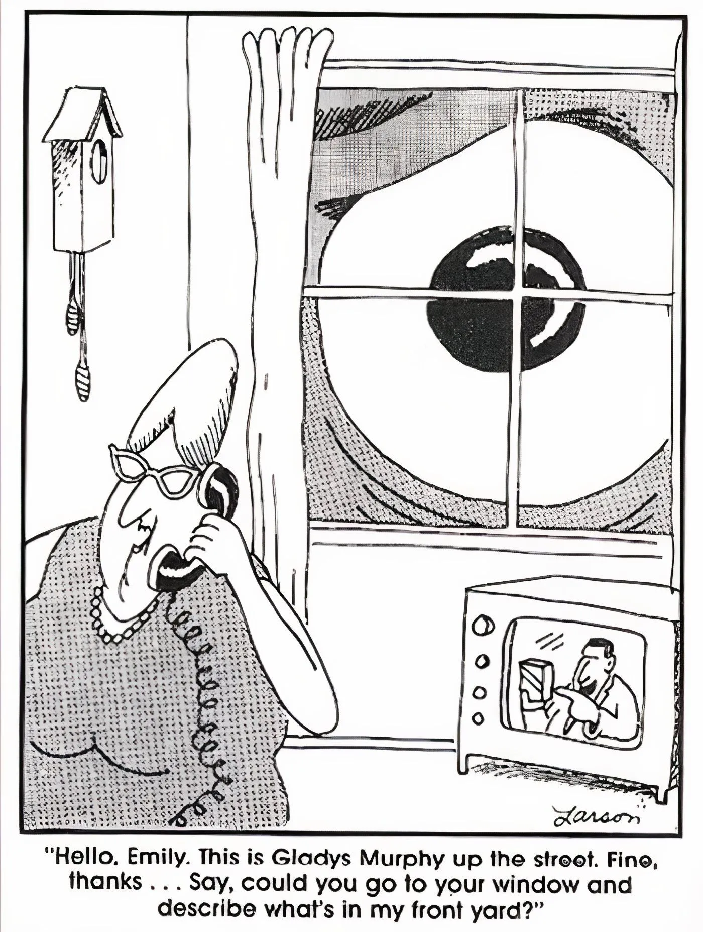 A giant eye staring at a woman through her window in The Far Side. A giant eye staring at a woman through her window in The Far Side.