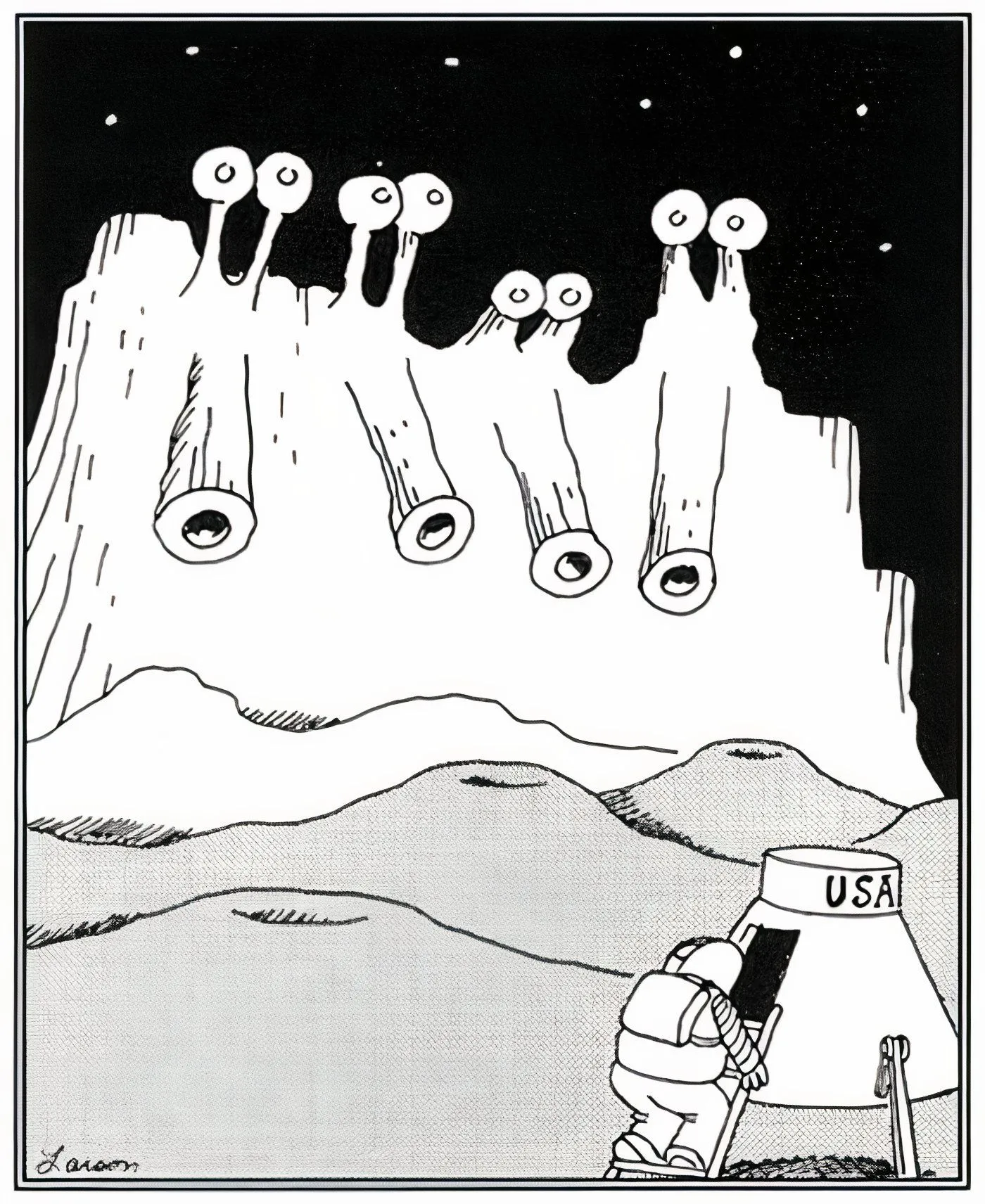An astronaut discovering an alien version of Mount Rushmore in The Far Side. An astronaut discovering an alien version of Mount Rushmore in The Far Side.