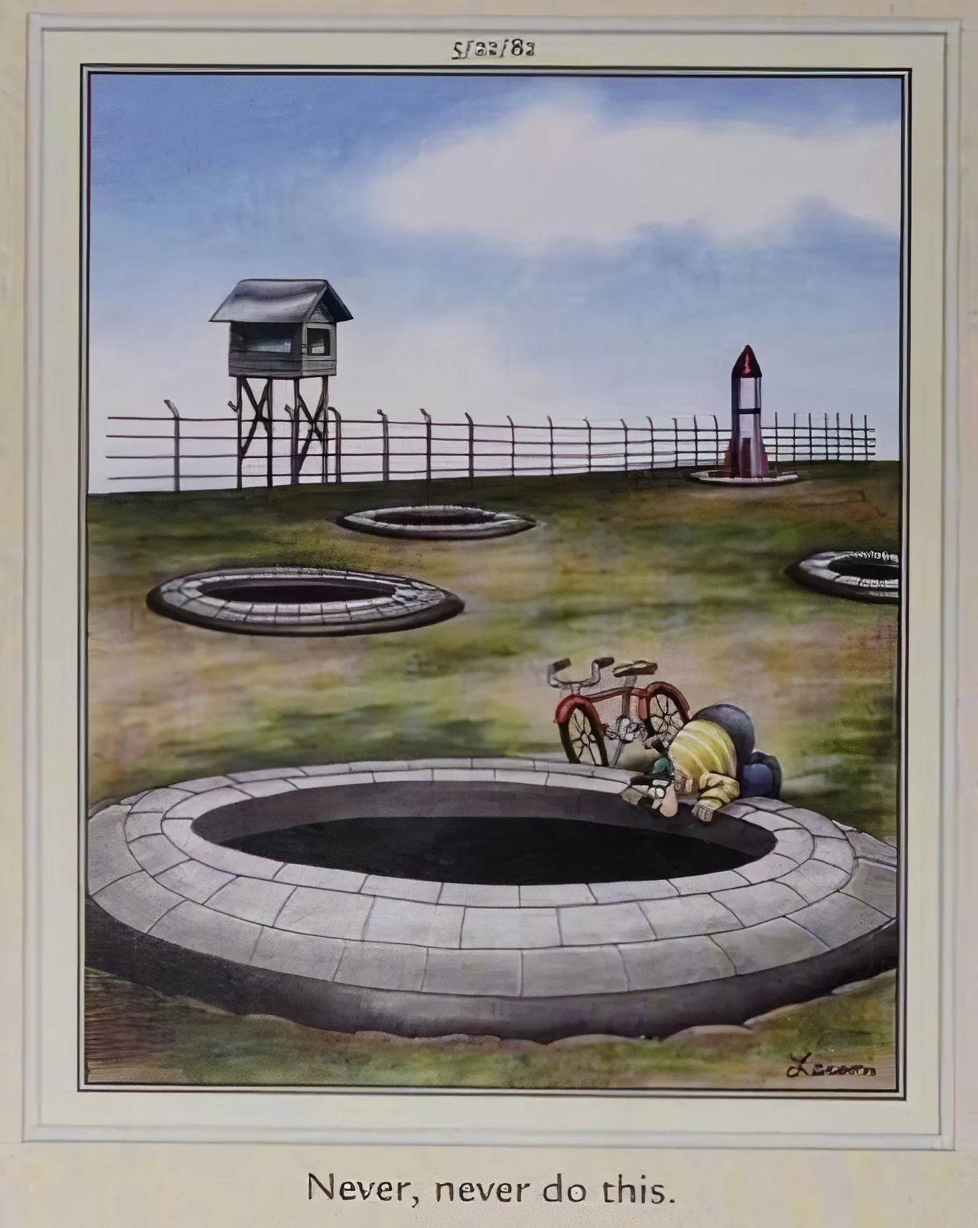 A man sticking his head over a rocket launch site in The Far Side. A man sticking his head over a rocket launch site in The Far Side.