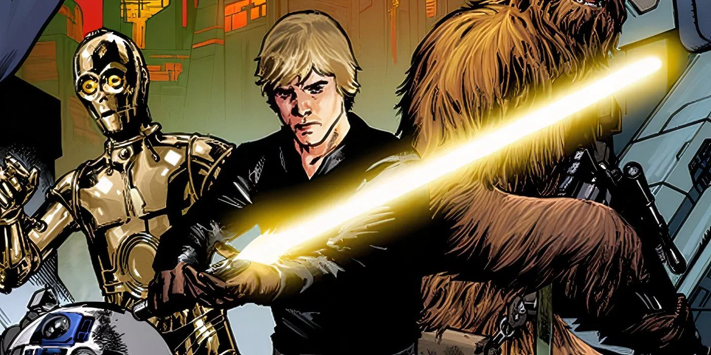 Luke Skywalker with Chewie, C-3PO, and R2-D2 wielding his yellow lightsaber. Luke Skywalker with Chewie, C-3PO, and R2-D2 wielding his yellow lightsaber.