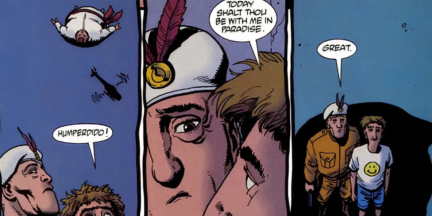 A fat man being pushed out of a helicopter onto two people on the ground in Preacher. A fat man being pushed out of a helicopter onto two people on the ground in Preacher.
