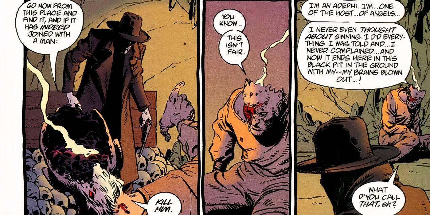 The Saint of Killers from Preacher talking to a dying angel. The Saint of Killers from Preacher talking to a dying angel.