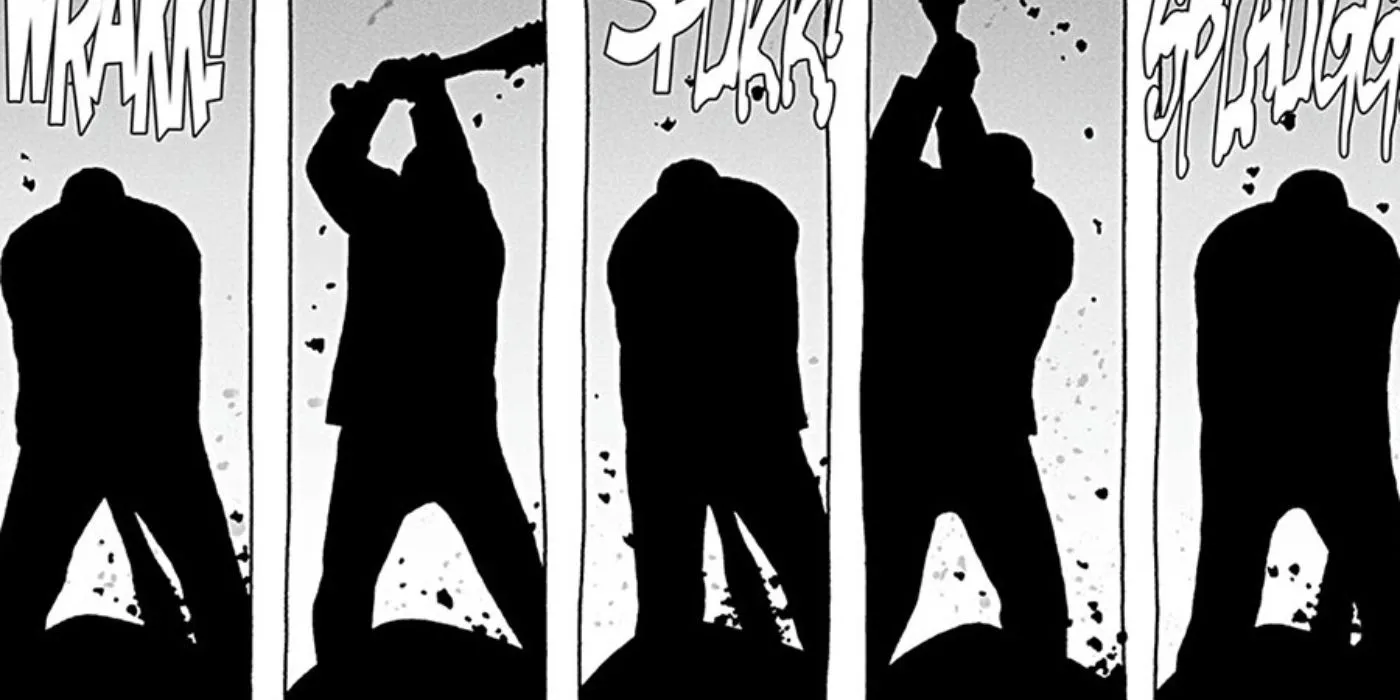 Negan attacking Rick Grimes' crew in The Walking Dead.