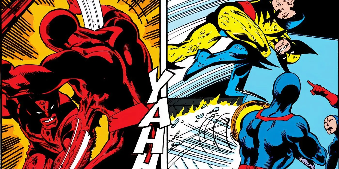 Wolverine slaughtering the Hellfire Soldiers.