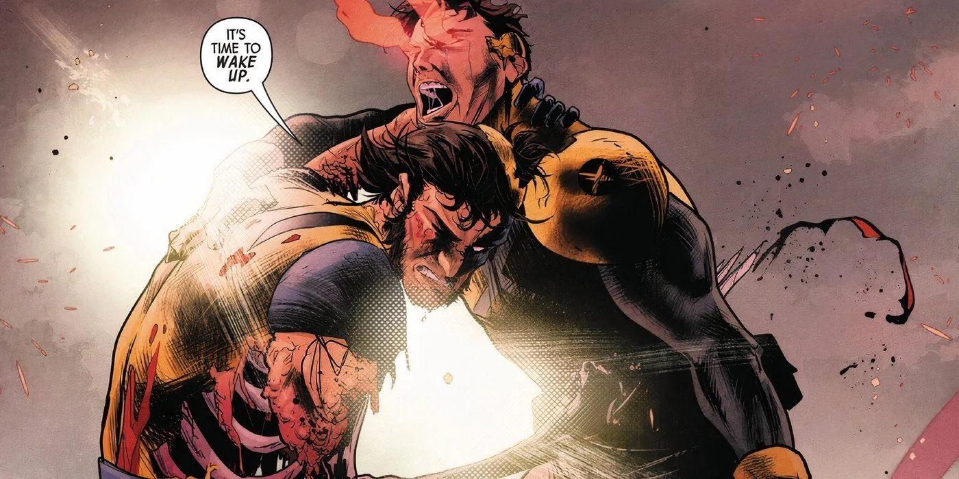 Wolverine stabbing Cyclops in the stomach.