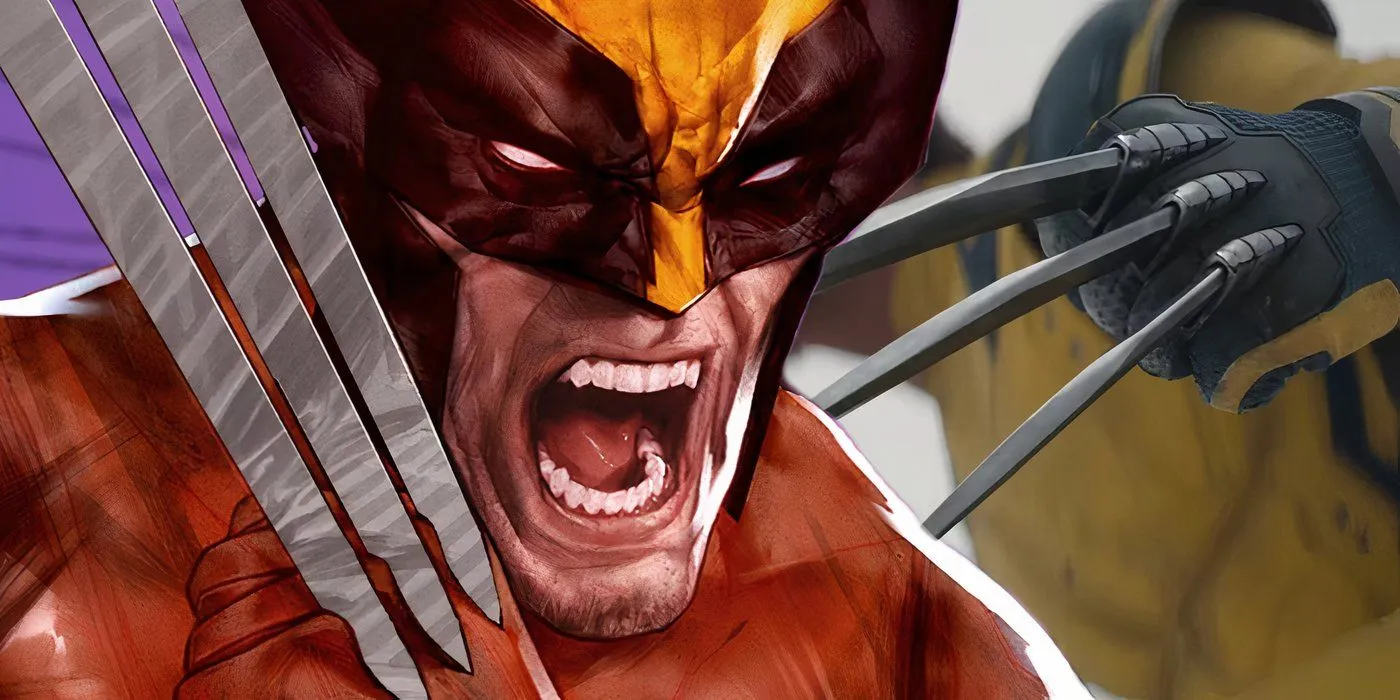 Marvel Comics' Wolverine with the MCU's Wolverine brandishing his claws behind him.