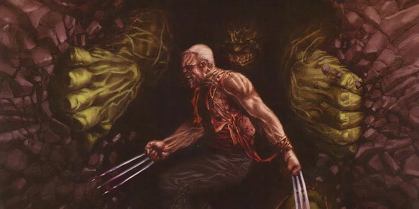 Old Man Logan with the Hulk hiding in a cave behind him.