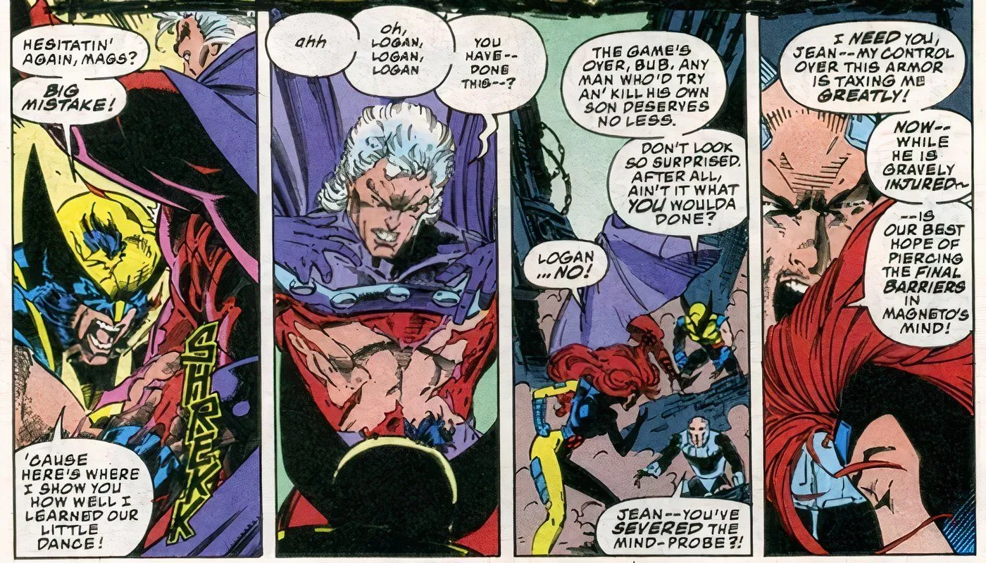 Wolverine stabbing Magneto in X-Men.