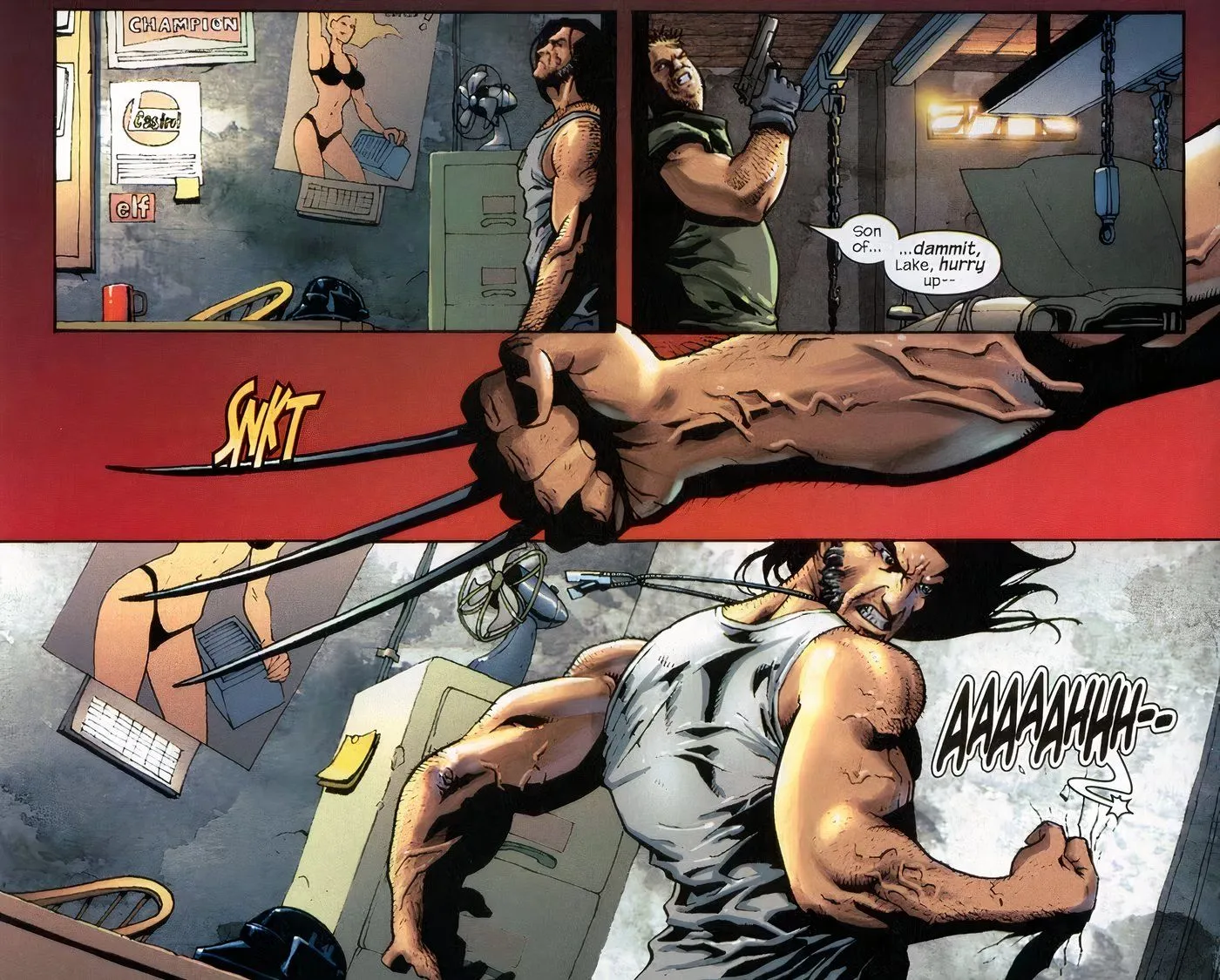 Wolverine stabbing a guy through a wall.