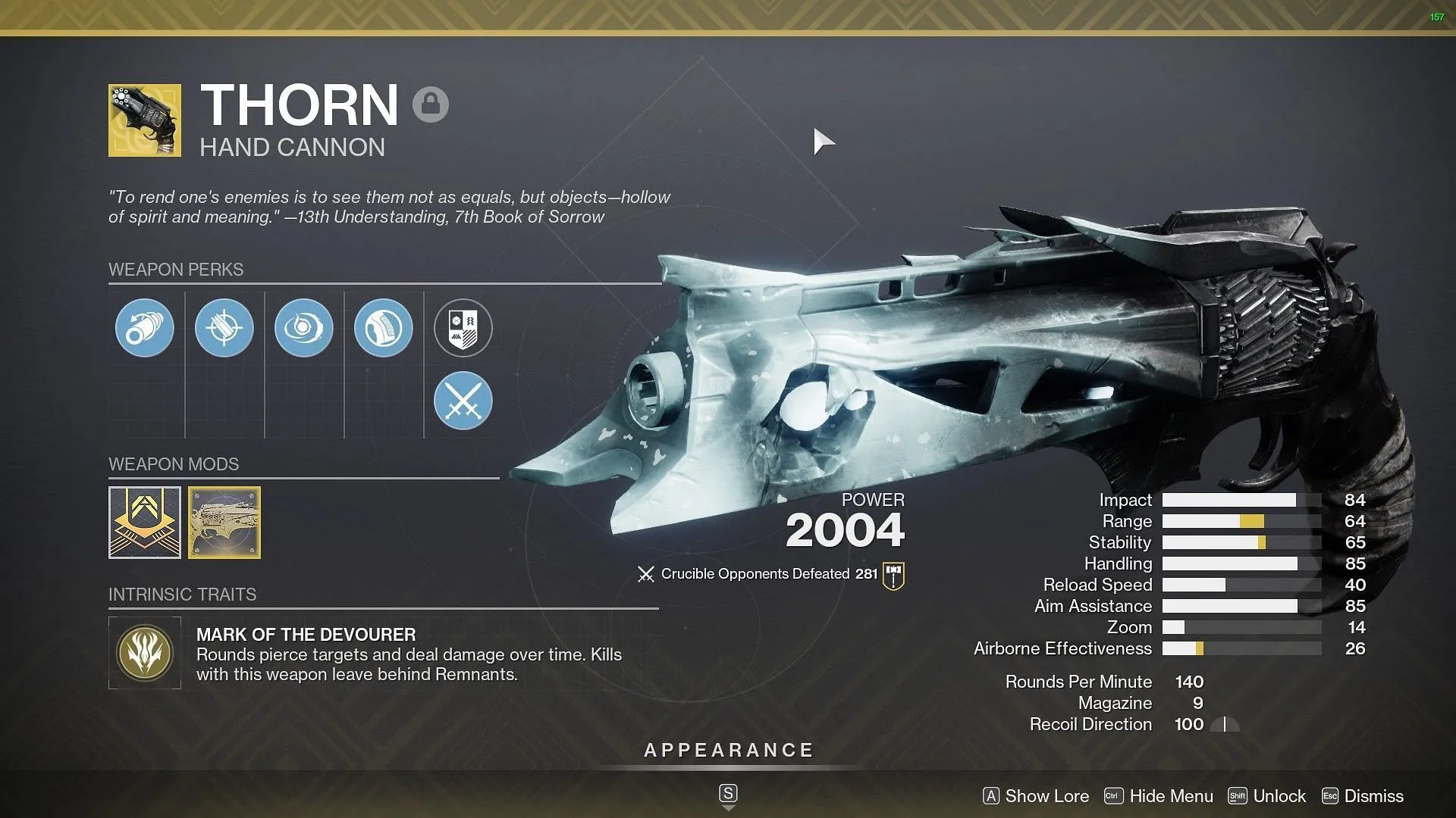 Thorn Hand Cannon in Destiny 2 (Image via Bungie)