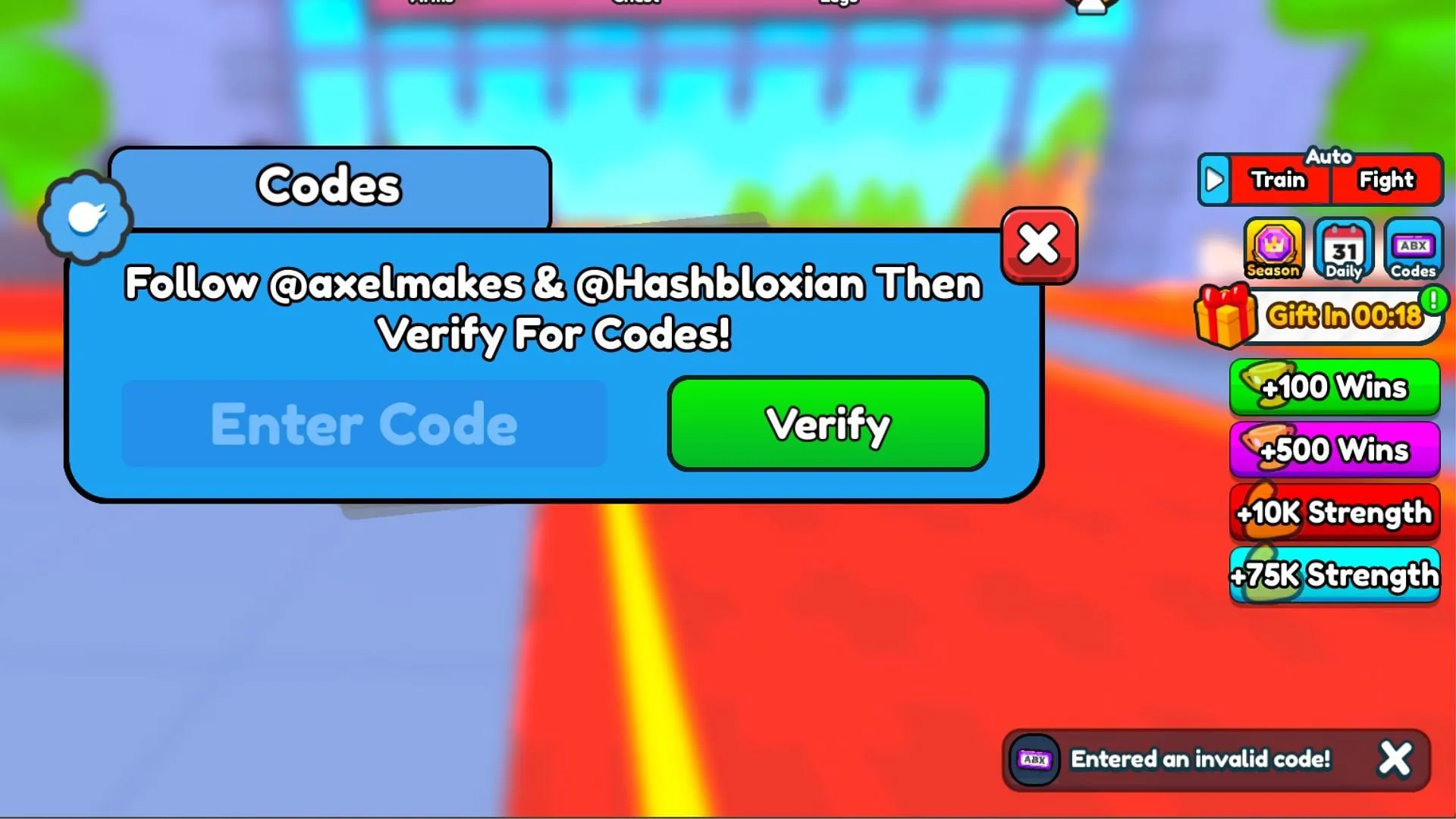 Troubleshooting codes in Strength Simulator (Image via Roblox) Troubleshooting codes in Strength Simulator (Image via Roblox)