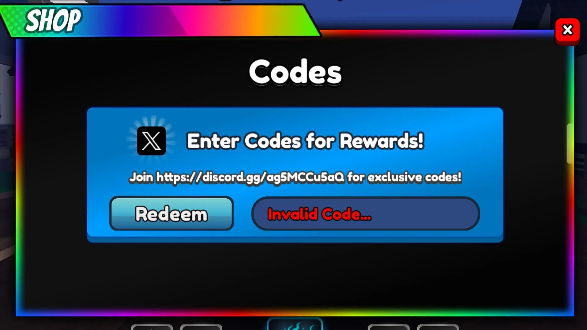 The 'Invalid Code...' error in Jujutsu Evolution (Image via Roblox) The 'Invalid Code...' error in Jujutsu Evolution (Image via Roblox)