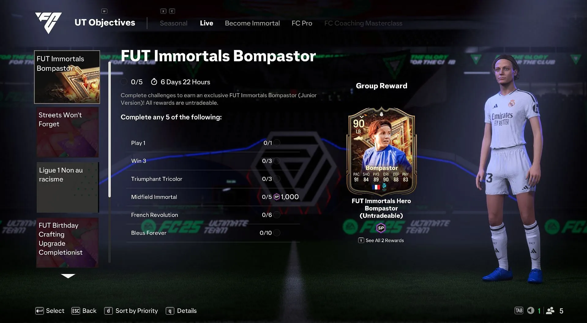 Tasks to complete Bompastor's Immortals Hero card (Image via EA Sports) Tasks to complete Bompastor's Immortals Hero card (Image via EA Sports)