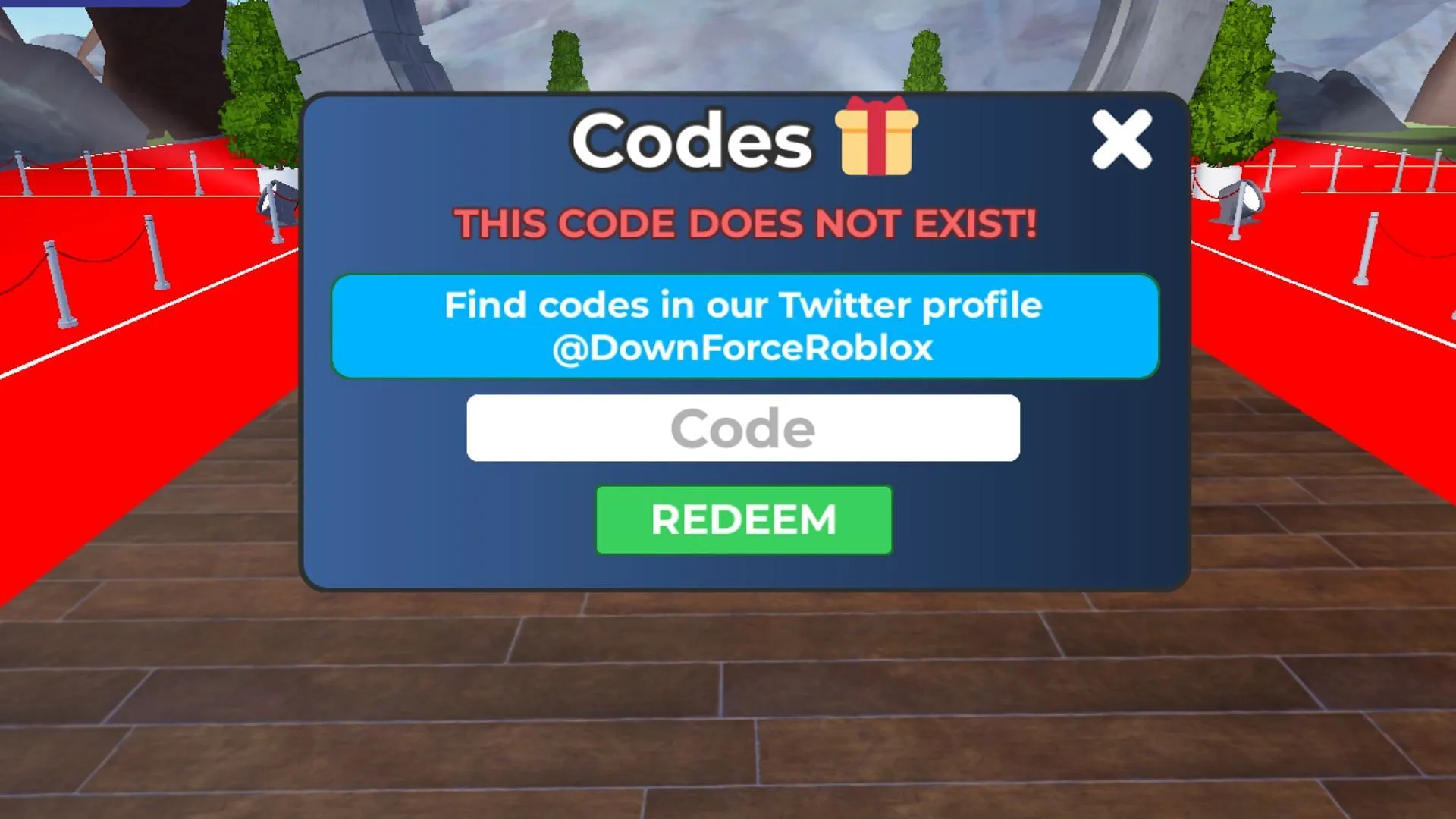 Error message for non-existent codes in DownForce Stunt Driving (Image via Roblox) Error message for non-existent codes in DownForce Stunt Driving (Image via Roblox)
