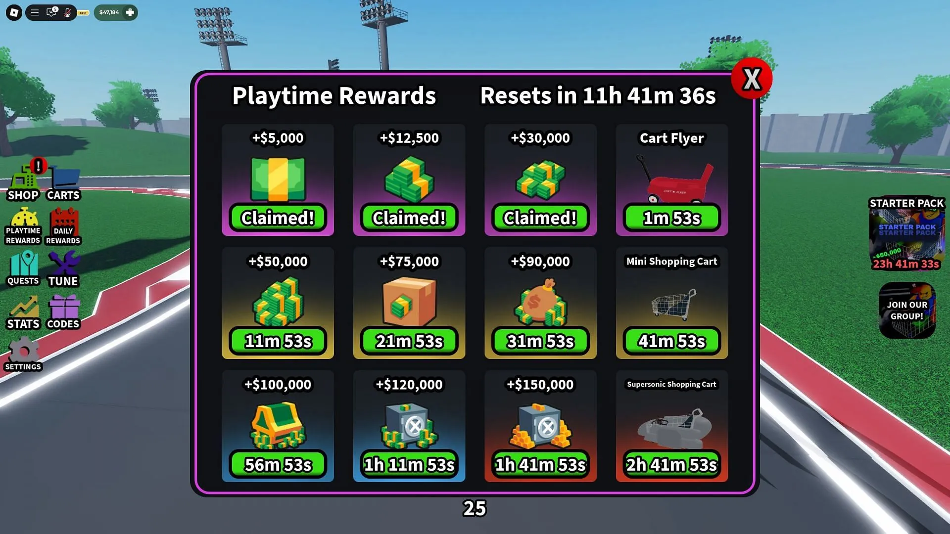 Playtime rewards in Drift Carts (Image via Roblox)