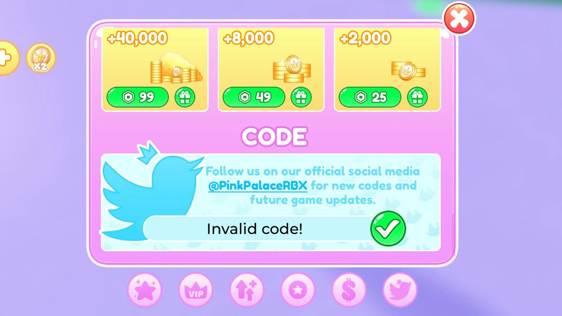 Pink Palace Tycoon invalid code issue (Image via Roblox) Pink Palace Tycoon invalid code issue (Image via Roblox)