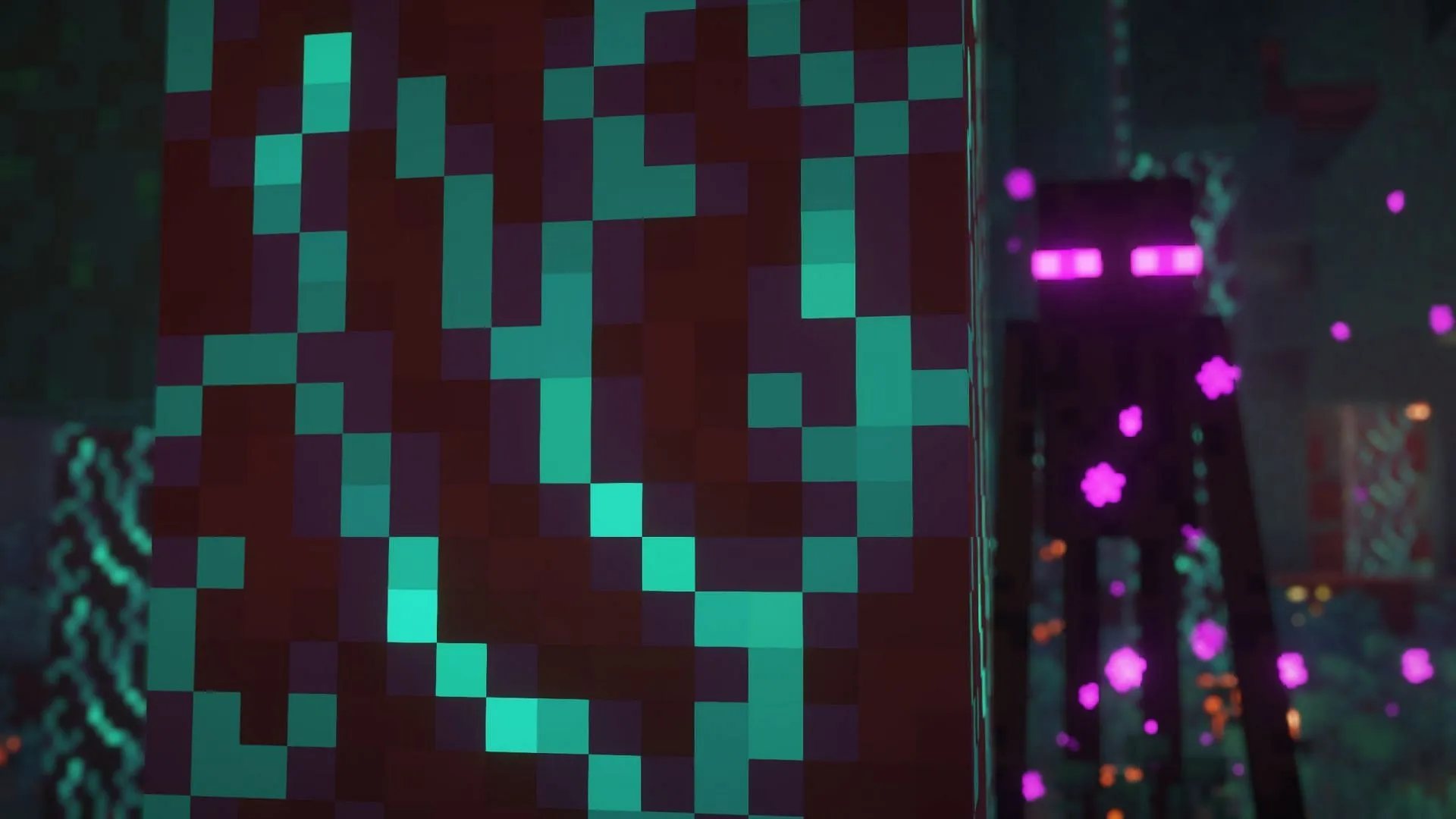 Crimson and warped stems glow and look gorgeous when shaders are active. (Image via Sportskeeda Gaming/Mojang Studios) Crimson and warped stems glow and look gorgeous when shaders are active. (Image via Sportskeeda Gaming/Mojang Studios)