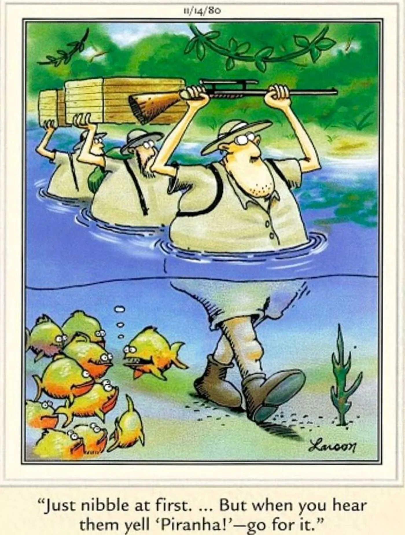 The Far Side, jungle explorers walk through a river as piranhas scheme against them The Far Side, jungle explorers walk through a river as piranhas scheme against them