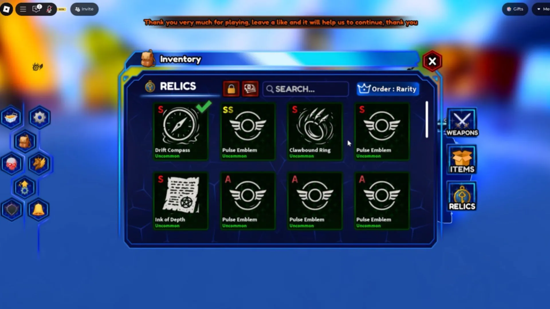 Relics UI in the inventory (Image via Roblox || YouTube@Dayreph)
