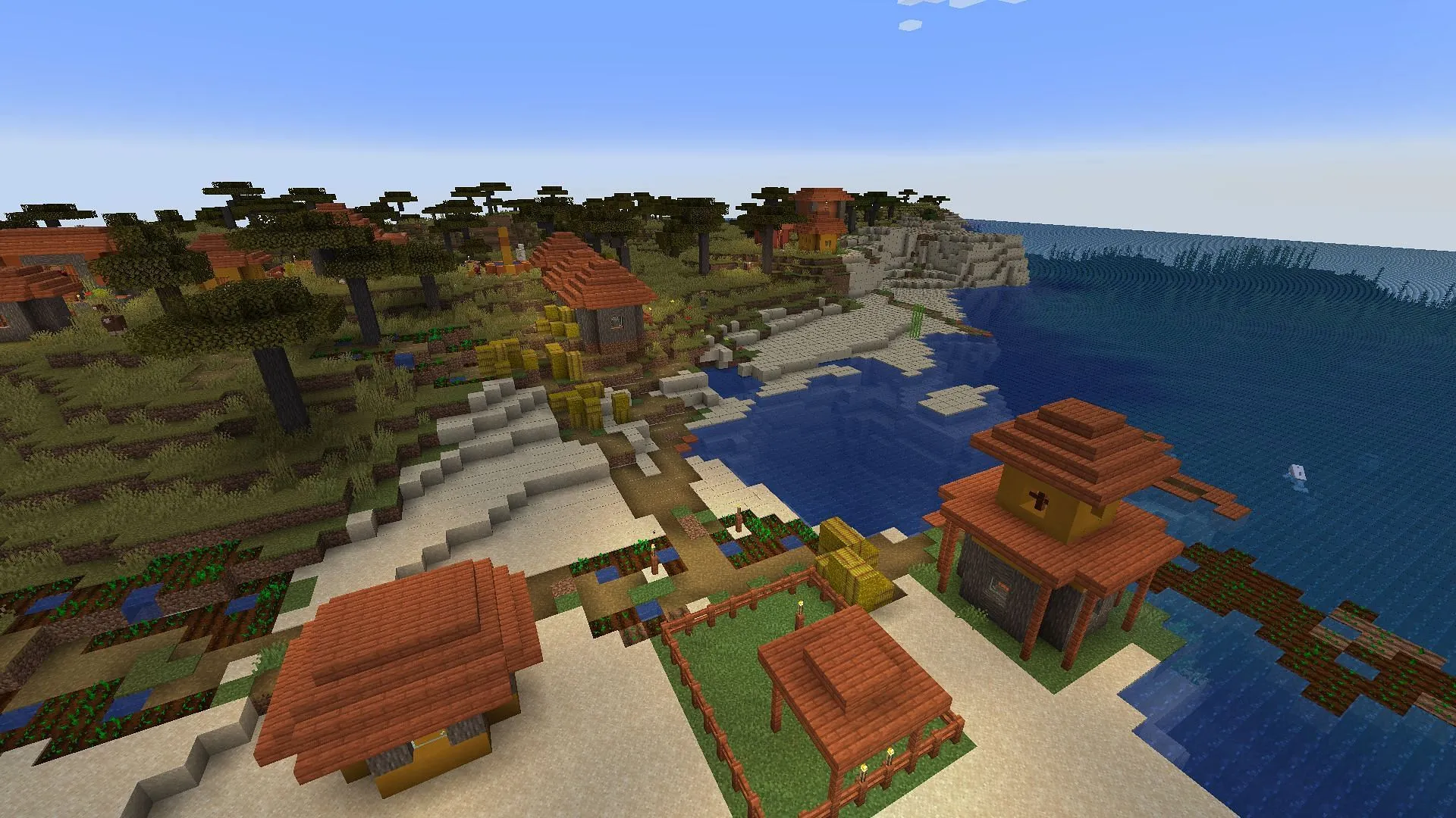 The array of resources easily ranks this as one of the best Minecraft coastal village seeds (Image via Sportskeeda Gaming || Mojang Studios) The array of resources easily ranks this as one of the best Minecraft coastal village seeds (Image via Sportskeeda Gaming || Mojang Studios)