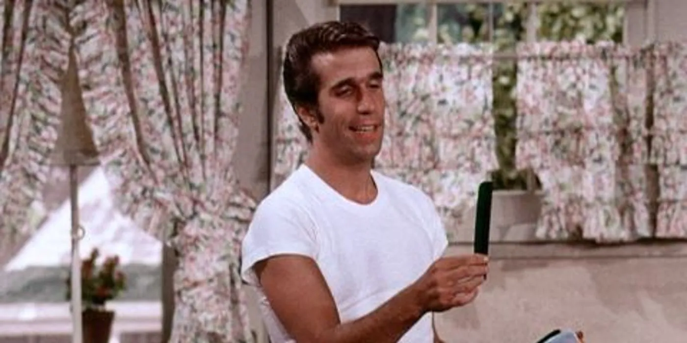 Henry Winkler as Fonzie holding up an object in Happy Days Henry Winkler as Fonzie holding up an object in Happy Days