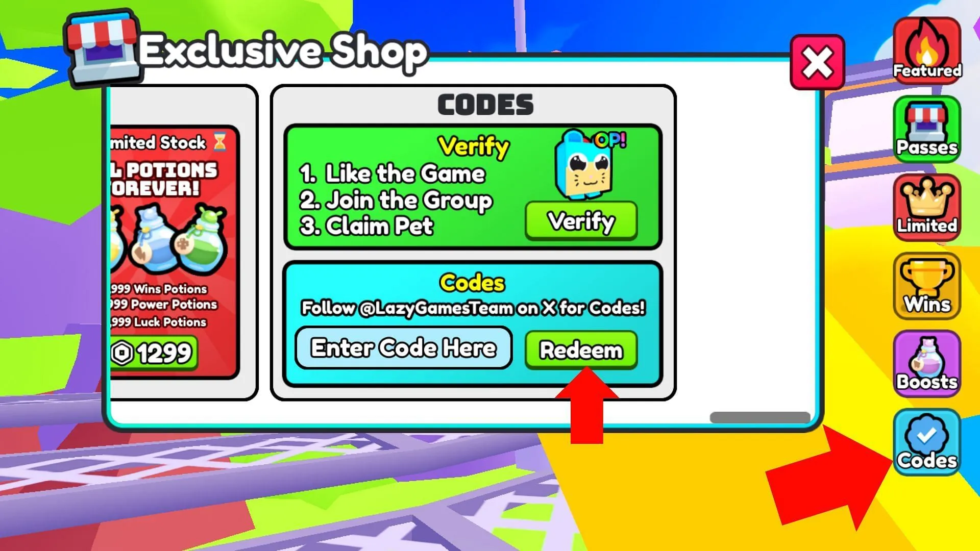 The Codes tab is indicated by a blue checkmark icon (Image via Roblox) The Codes tab is indicated by a blue checkmark icon (Image via Roblox)