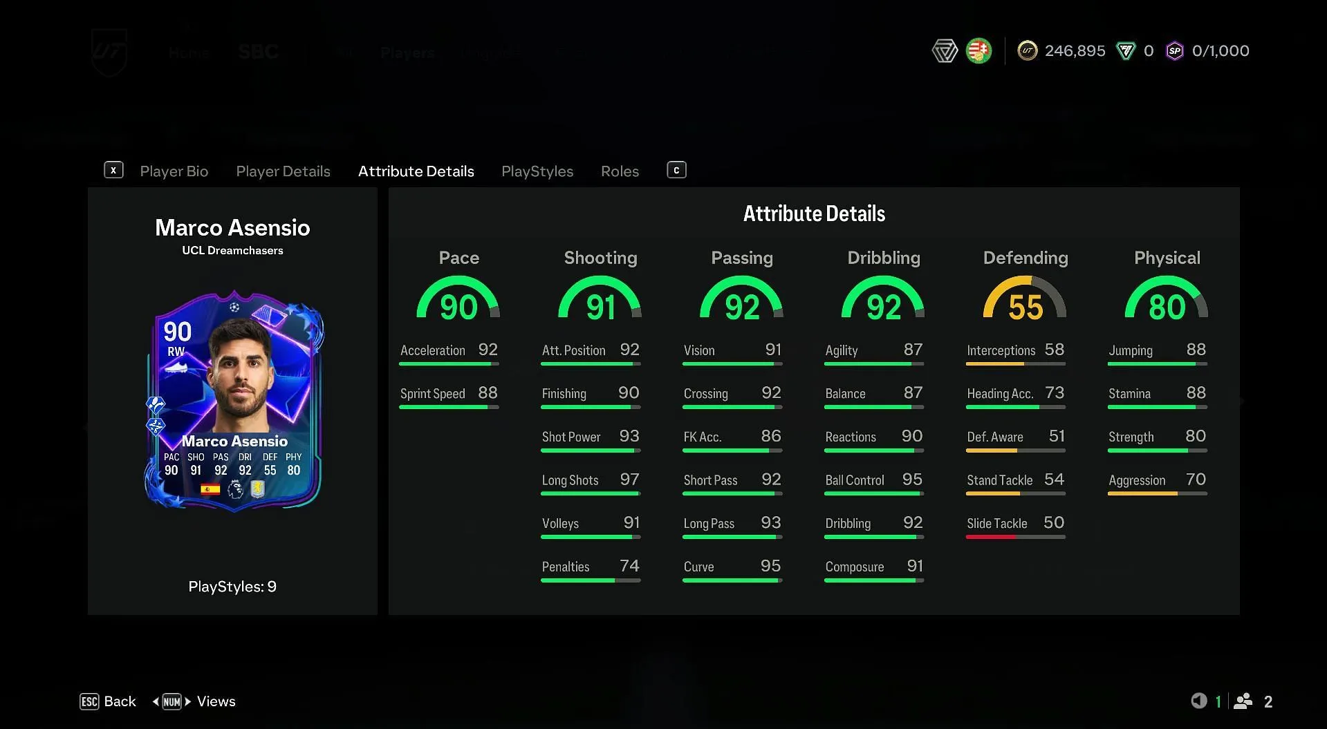 Marco Asensio UCL Dreamchasers item stats (Image via EA Sports)