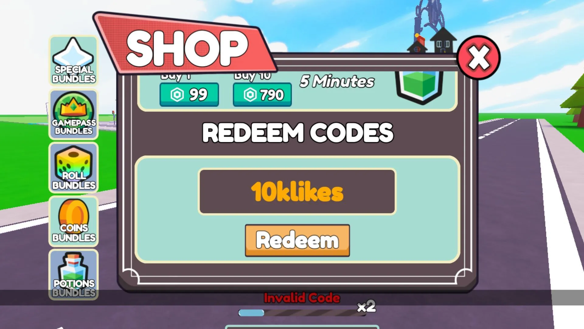 The 'Invalid Code' error message in LootCity Builder (Image via Roblox)