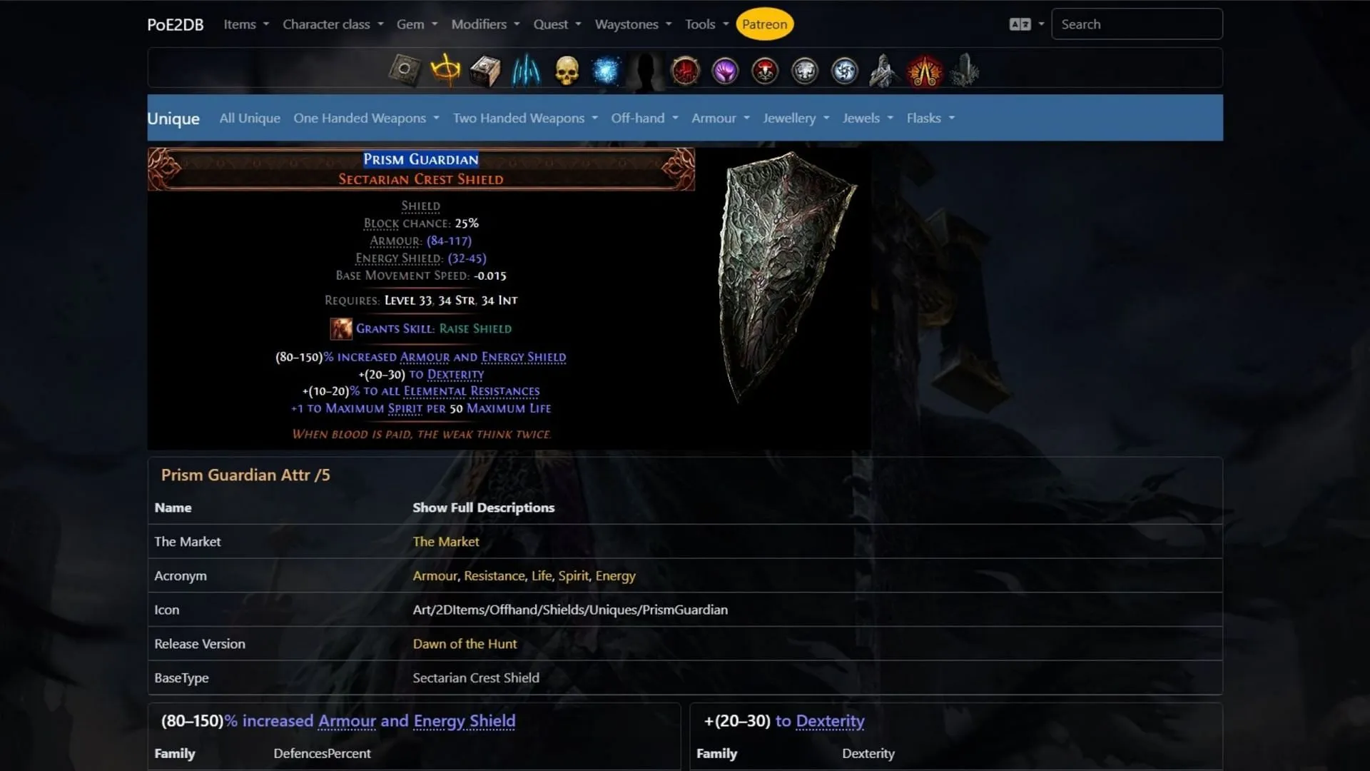 Prism Guardian shield (Image via PoEDB) Prism Guardian shield (Image via PoEDB)