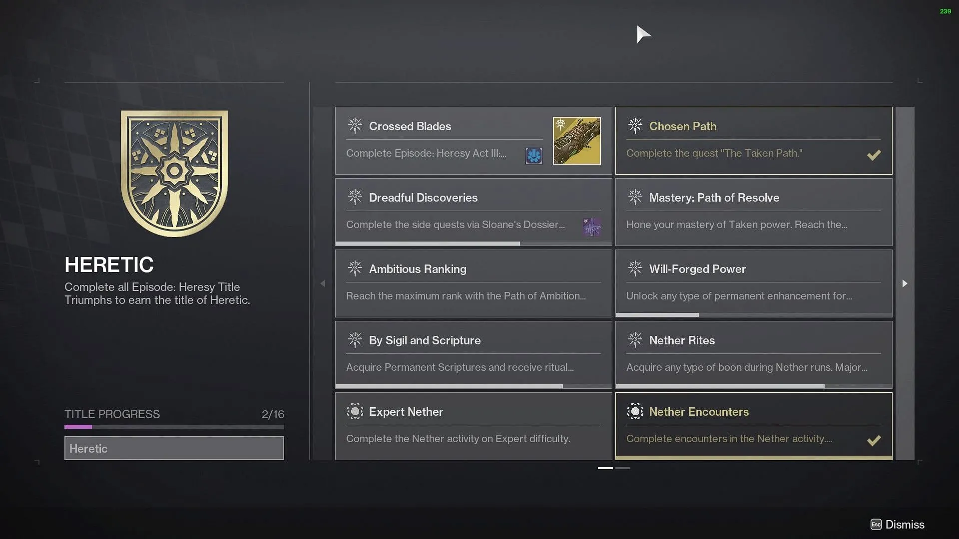 Heretic seal objectives in Destiny 2 (Image via Bungie) Heretic seal objectives in Destiny 2 (Image via Bungie)