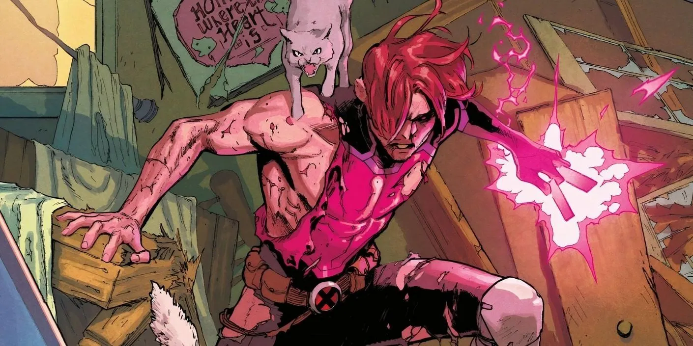 Comic book art: Gambit fights in a wrecked house with his cats Comic book art: Gambit fights in a wrecked house with his cats