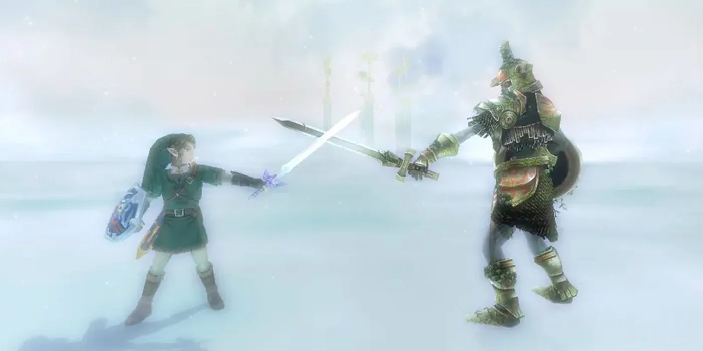 Link in Twilight Princess battling a warrior Link in Twilight Princess battling a warrior