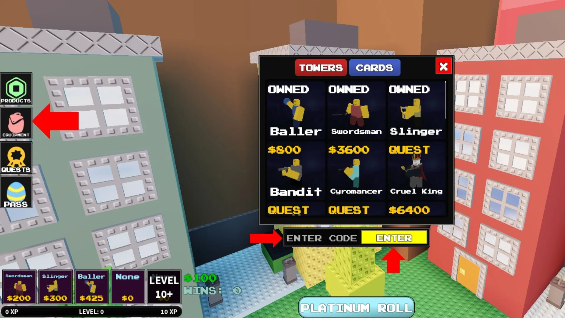 Locate the code redemption box in the Equipment interface (Image via Roblox)