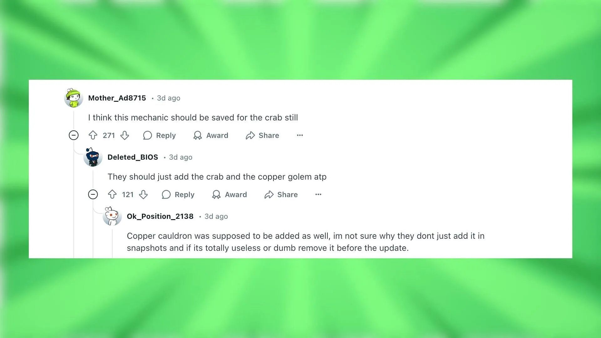 Redditors react to new Minecraft game mechanics (Image via Reddit)