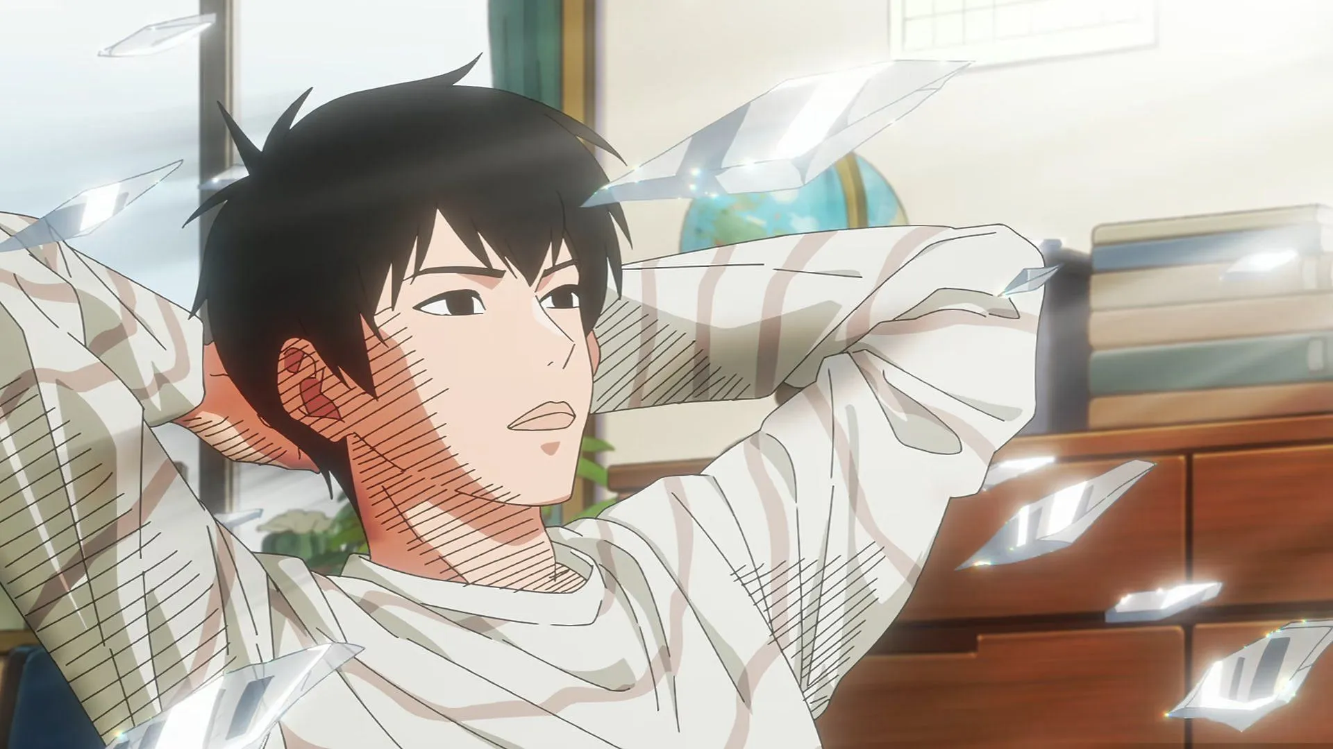 Moi's humorous reaction as Nico crashes in (Image via Bibury Animation Studios)
