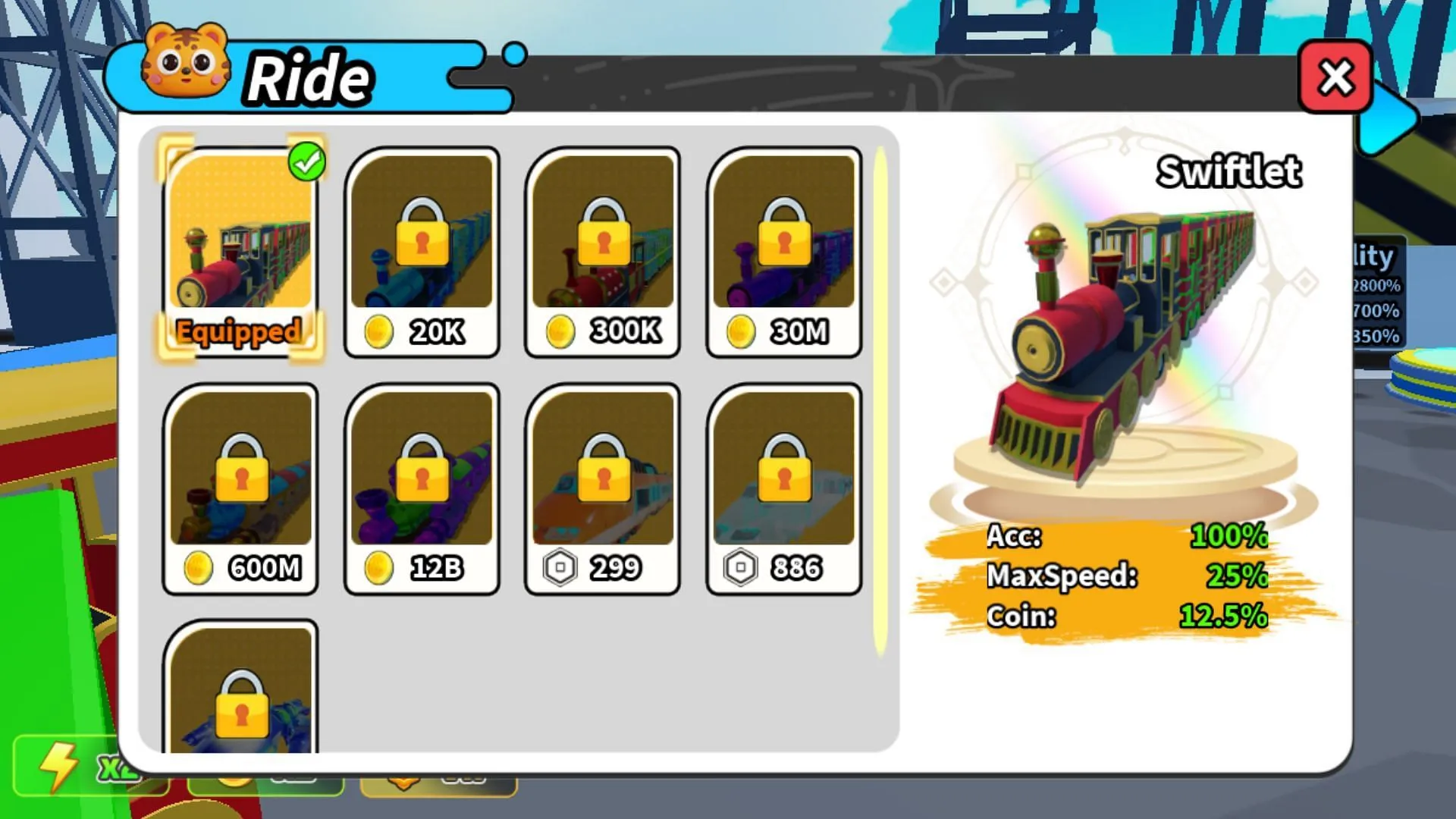 Purchase new trains with Coins (Image via Roblox)