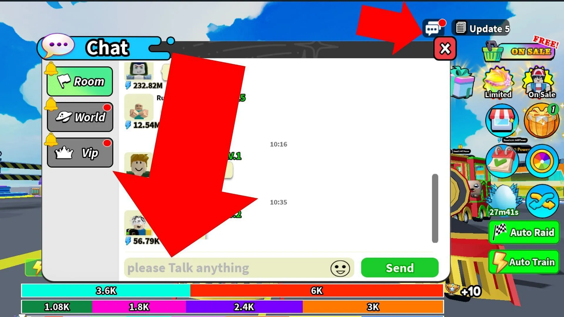 Enter the code in the chat room (Image via Roblox)
