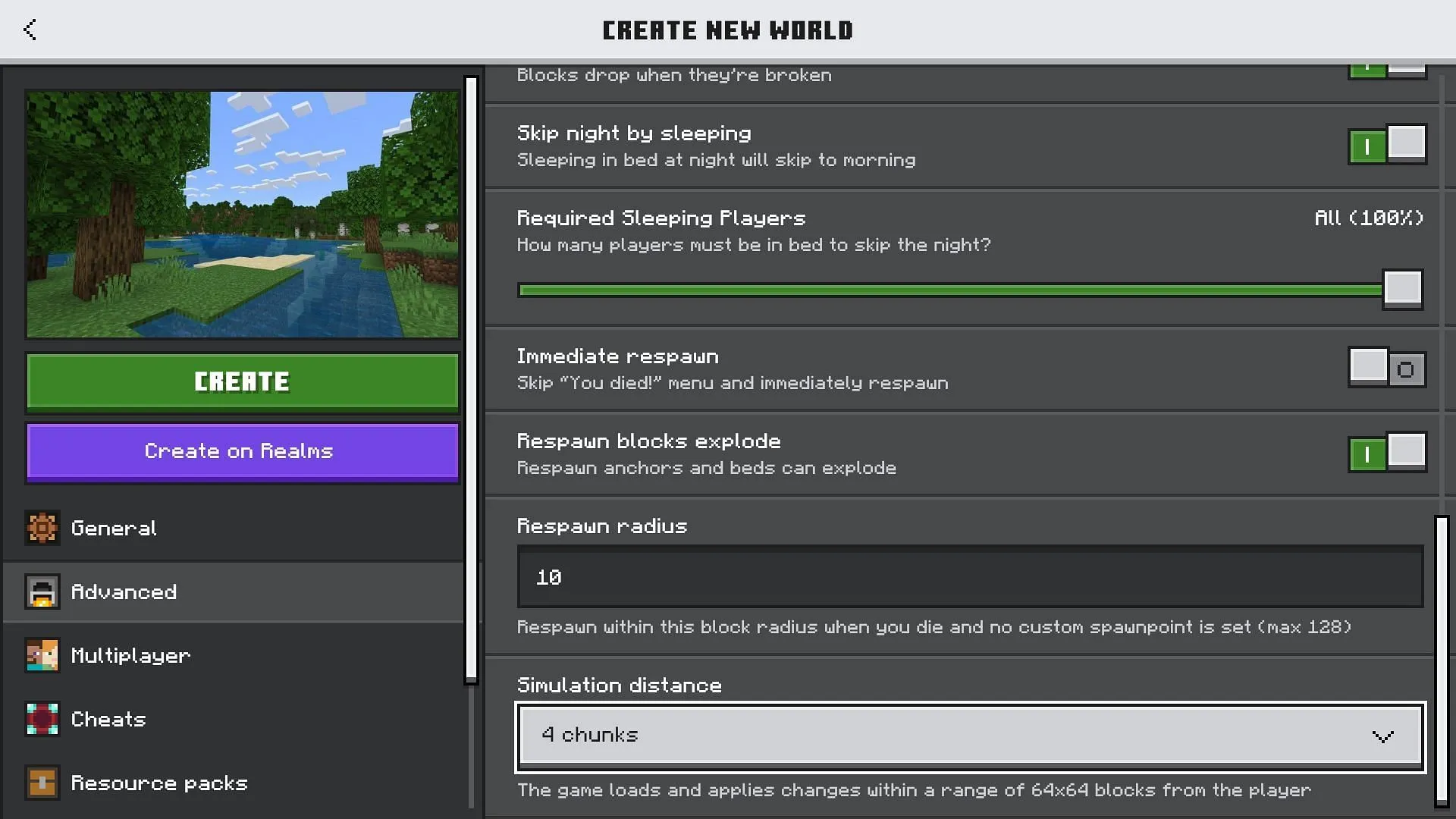 Modify your simulation distance in Minecraft Bedrock by accessing the Advanced settings. Modify your simulation distance in Minecraft Bedrock by accessing the Advanced settings.
