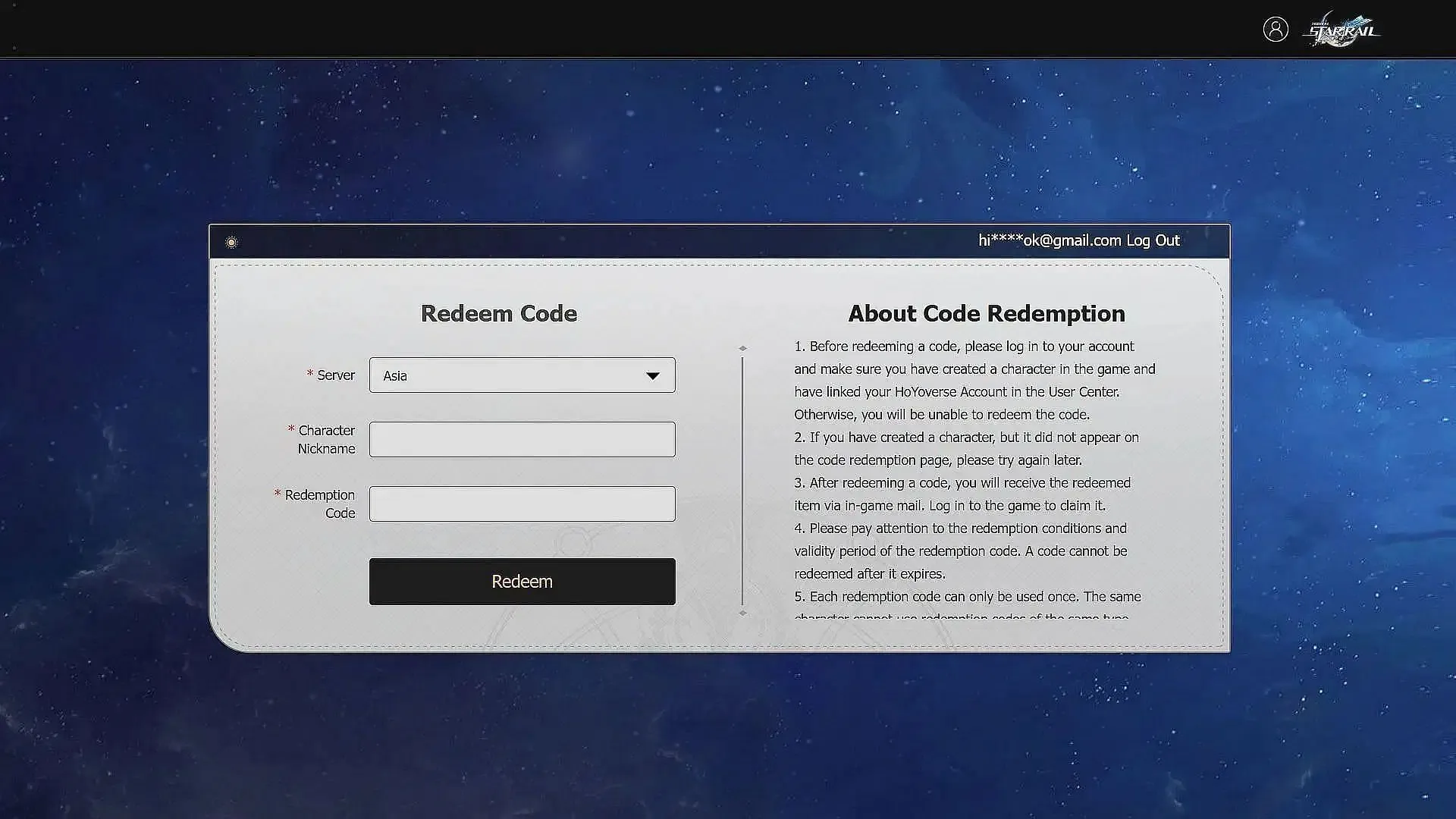 Redeeming a code on the website (Image via HoYoverse) Redeeming a code on the website (Image via HoYoverse)